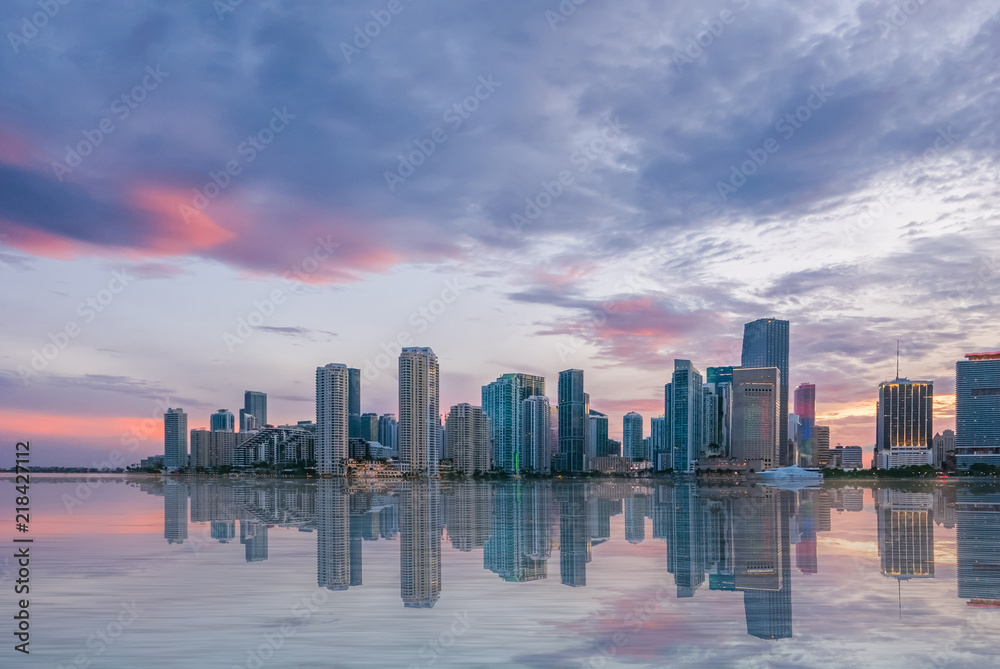 Beautiful skyline of Miami at sunset, business capital in Florida