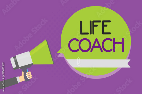 Text sign showing Life Coach. Conceptual photo A person who advices clients how to solve their problems or goals Man holding megaphone loudspeaker green speech bubble purple background. photo