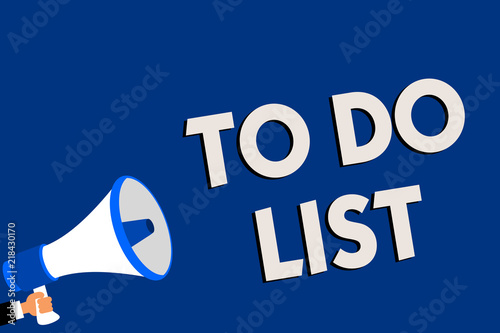 Writing note showing To Do List. Business photo showcasing A structure that usualy made in paper contining task of yours Man holding megaphone loudspeaker blue background message speaking. photo