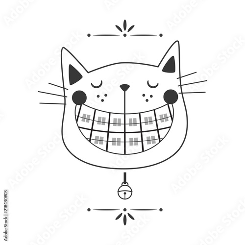 Black line cute laughing orthodontics black cat face icon with collar bell on white background