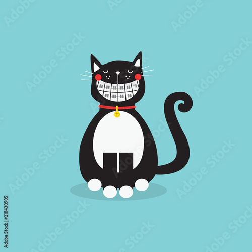 Cute laughing sitting black cat with funny shining orthodontics teeth icon on blue background