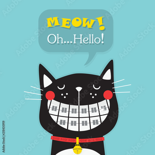 Cute laughing black cat with funny orthodontics teeth icon and Oh Hello message speech bubble on blue background