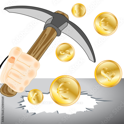 Hand of the person with pickax and bonanza from coins