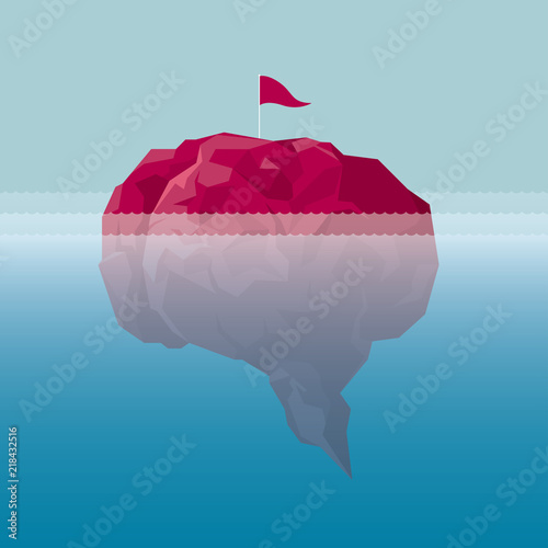 Pennant is inserted on the island, island is in the shape of a brain.The sea is deep.