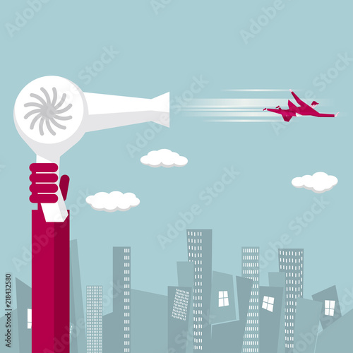 Holding a hair dryer in hand, blowing away the businessman. The background is a city building.