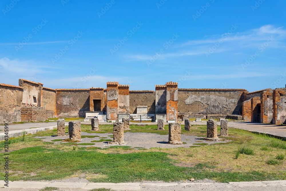 Archaeological ruin of ancient Roman city, Pompeii, was destroyed by Eruption of Vesuvius, volcano nearby city in Pompeii, Campania region, Italy. 