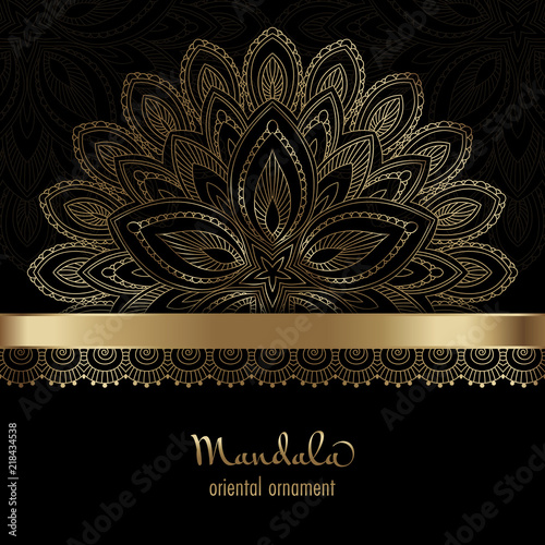 Golden vintage greeting card on a black background. Ethnic mandala pattern. Hand drawn vector illustration