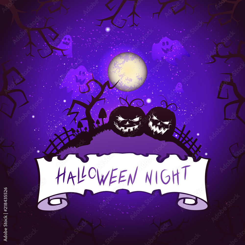 Vector Halloween illustration with pumpkin, ghost, torn banner and lettering on starry sky nightly background with full moon. Purple background.