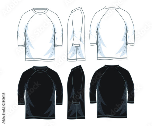 Three quarter length sleeve raglan shirts, front look side back, black and white vector image.
