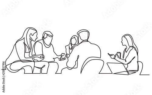 continuous line drawing of work team having meeting