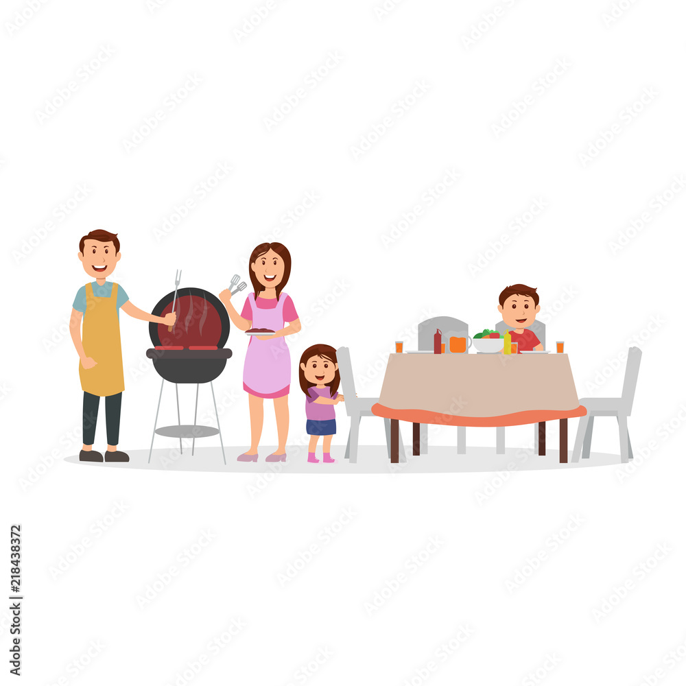 Happy Family BBQ Party Flat Vector Cartoon Happy Family BBQ Party Flat Vector Cartoon