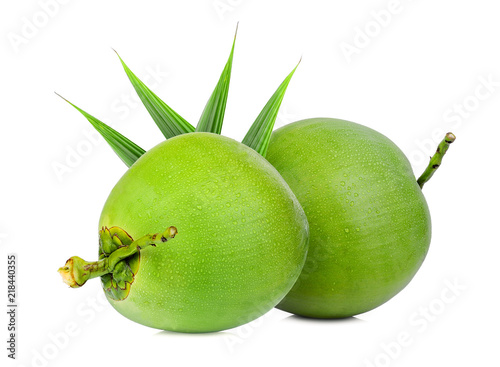 fresh green coconut with green leaf isolated on white background