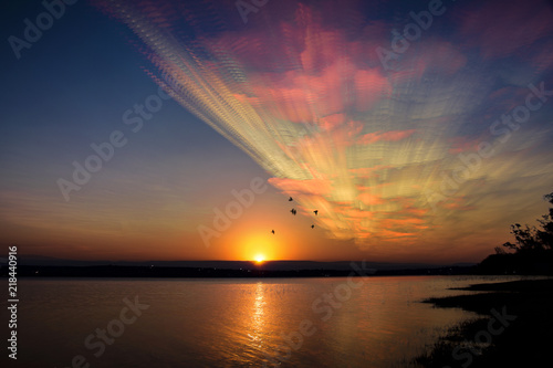 Cloudy and colorful sunset in Villa Carlos Paz, Cordoba, Argentina. Lon