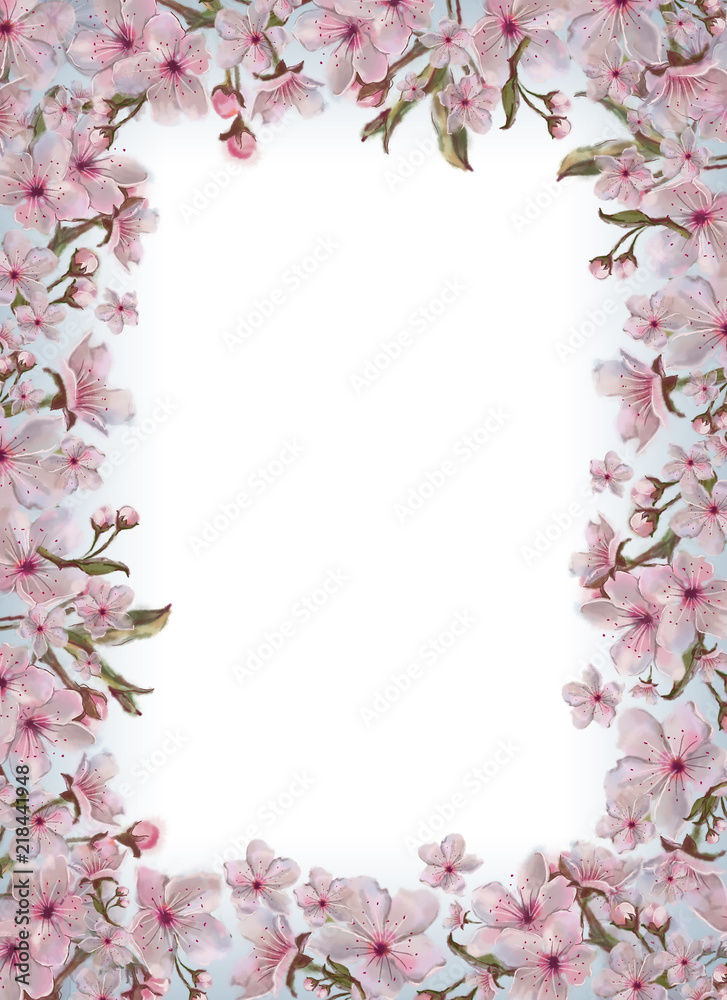 Pink Flowers Template Isolated on White Background with Text Copy Space. Watercolor Floral Design for Print, Announcement, Card, Invitation, Poster, Romantic Design, Wedding, Valentine Day, etc.
