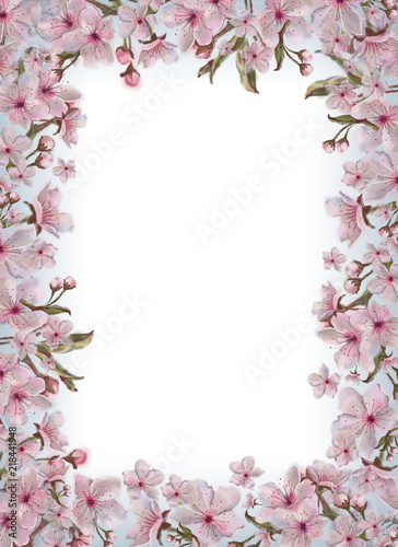 Pink Flowers Template Isolated on White Background with Text Copy Space. Watercolor Floral Design for Print, Announcement, Card, Invitation, Poster, Romantic Design, Wedding, Valentine Day, etc.