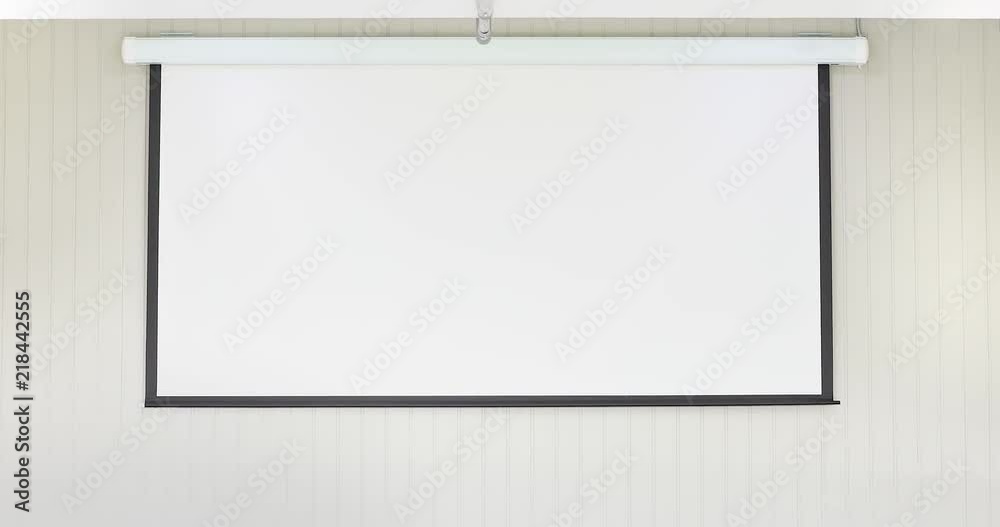 Moving up black border and white projector screen on white wall