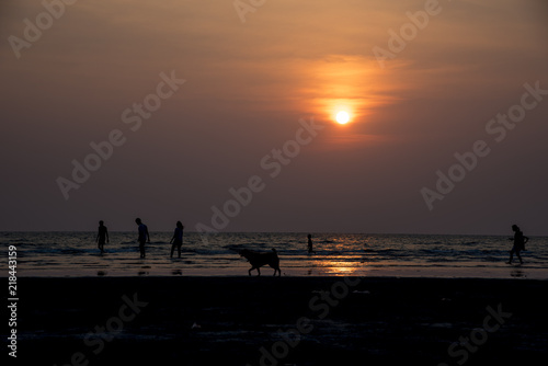 Fototapeta Naklejka Na Ścianę i Meble -  Silhouette  people on the beach at golden sunset time