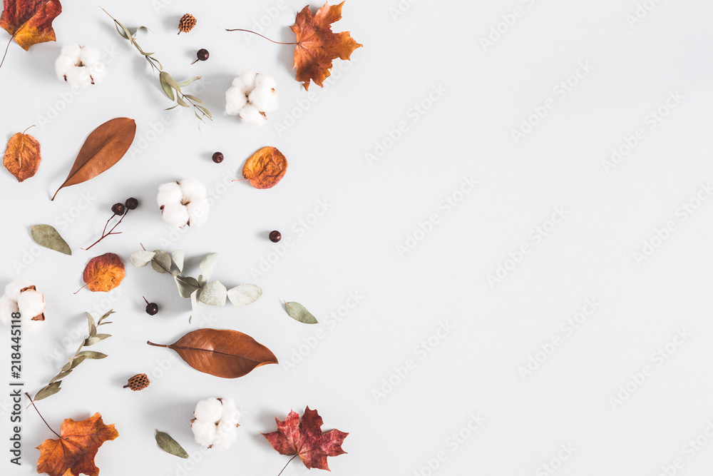 Fototapeta Autumn composition. Frame made of eucalyptus branches, cotton flowers, dried leaves on pastel gray background. Autumn, fall concept. Flat lay, top view, copy space