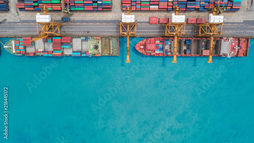 Aerial view container ship from sea port for import  export or transportation concept background.