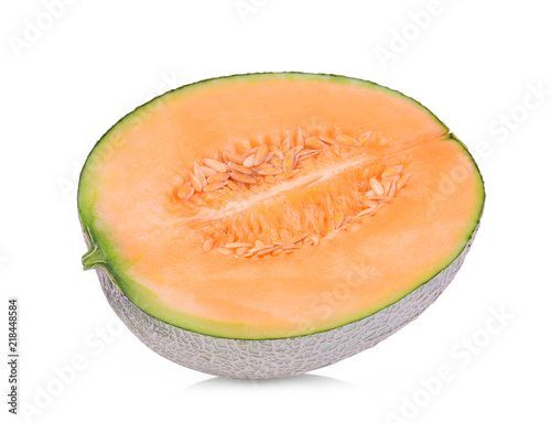 half sliced japanese melon, orange melon or cantaloupe melon isolated on white background