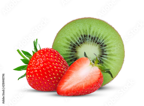 half cut kiwi fruit and fresh strawberry isolated on white background