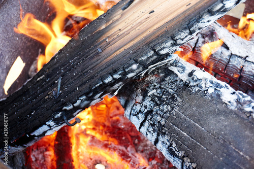Burning wood charcoal.