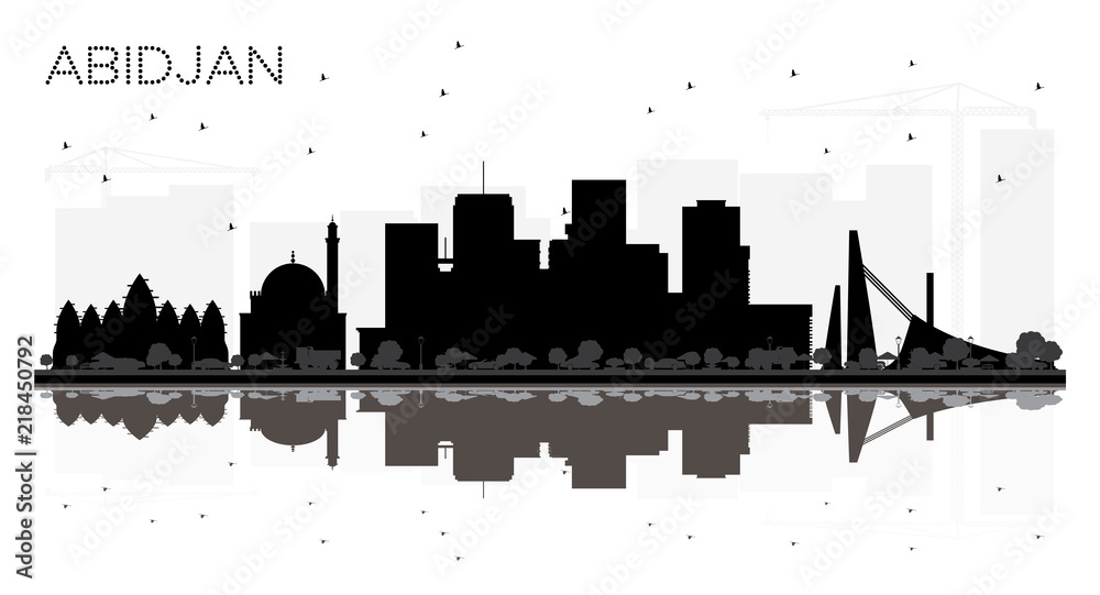 Abidjan Ivory Coast City Skyline Silhouette with Black Buildings Isolated on White.