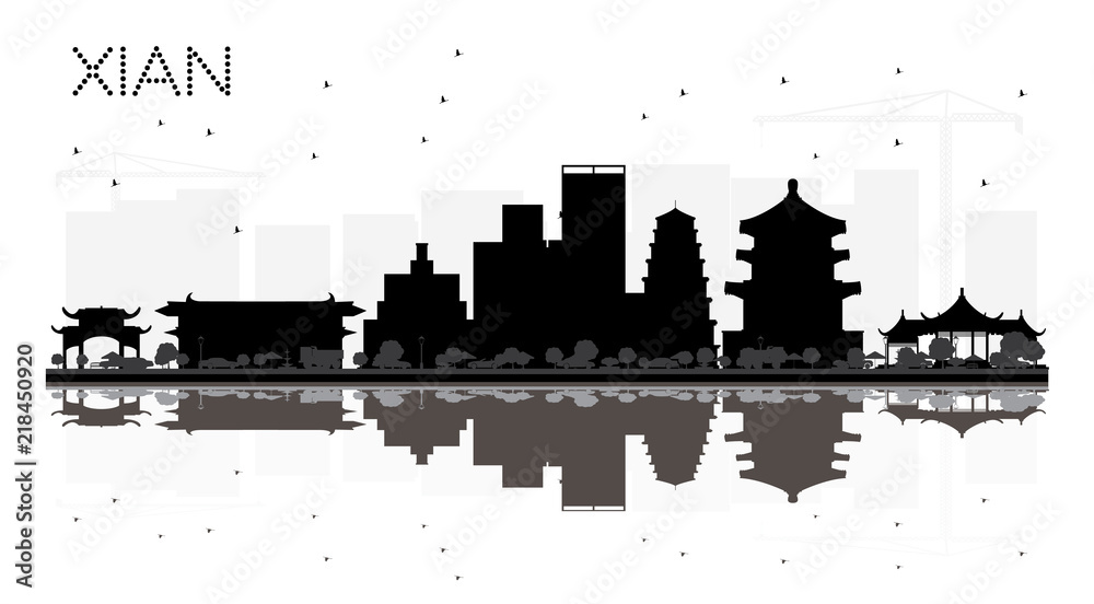 Xian China City skyline black and white silhouette with Reflections.