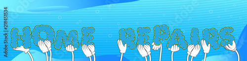 Diverse hands holding letters of the alphabet created the word Home Repair. Vector illustration.