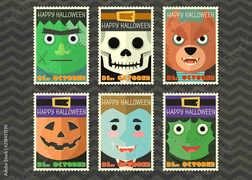 Happy halloween greeting card with ghost cartoon collection.