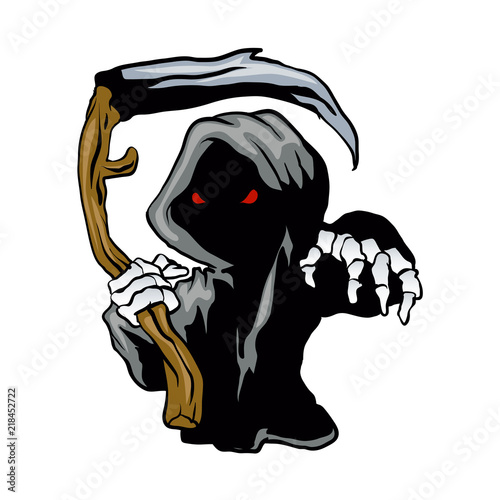 cartoon Grim Reaper with red eyes holding a scythe.Vector illustration