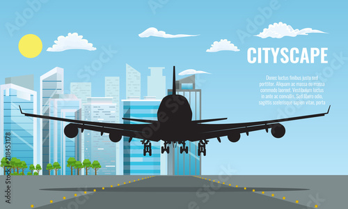 Silhouette of Plane landing or taking off over modern cityscape. Flat and solid color travel concept background vector.