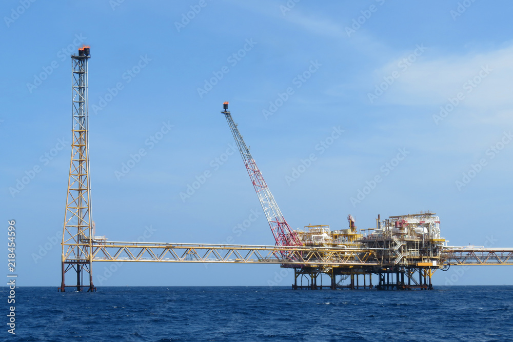 Offshore construction platform for production oil and gas, Oil and gas industry and hard work,Production platform and operation process by manual and auto function, oil and rig industry and operation.