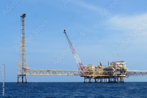 Offshore construction platform for production oil and gas  Oil and gas industry and hard work Production platform and operation process by manual and auto function  oil and rig industry and operation.