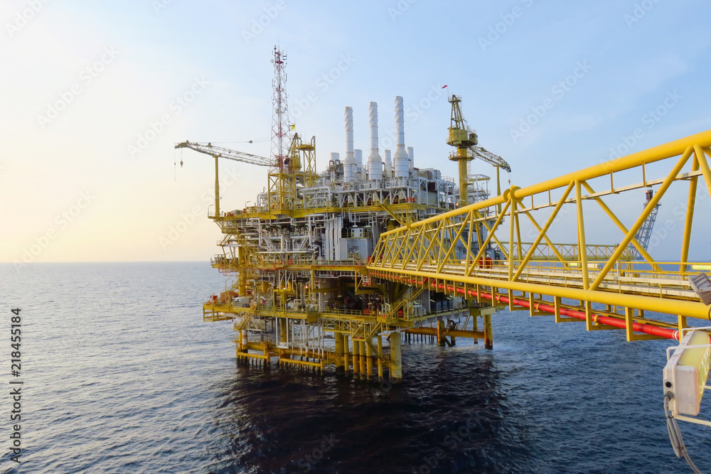 Offshore construction platform for production oil and gas, Oil and gas industry and hard work,Production platform and operation process by manual and auto function, oil and rig industry and operation.