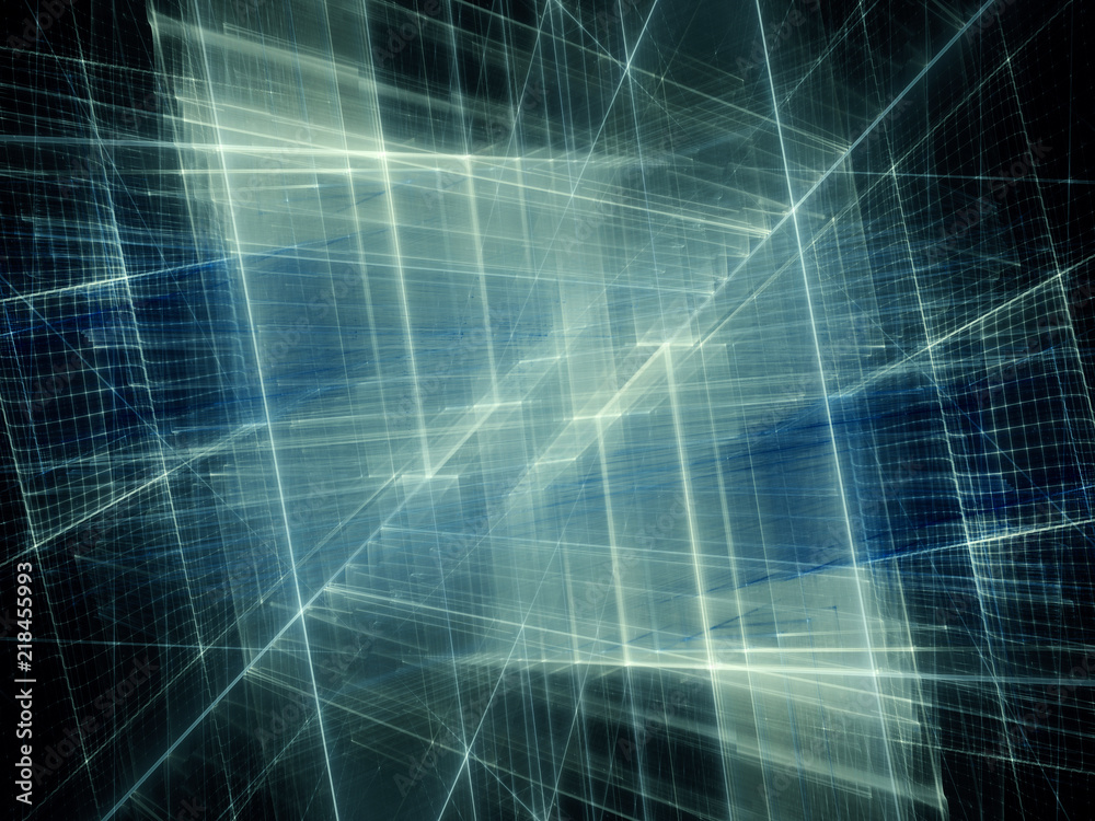 Fototapeta premium Abstract background element. Fractal graphics 3d illustration. Symmetric composition of repeating grids. Information technology concept. Blue and black colors.