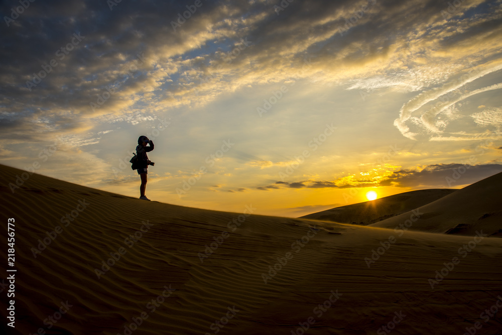 gril sihouette Sand Dunes Landscape beautiful desert sunset