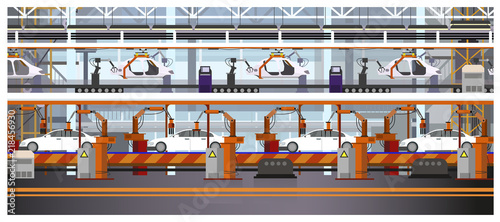 Car assembly line vector illustration. Automated automobile production. Automobile industry concept. For websites, wallpapers, posters or banners.
