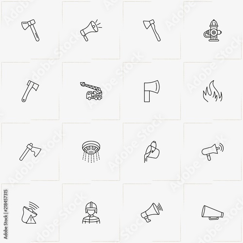 Firefighter line icon set with bucket of water, fireplug  and hatchet