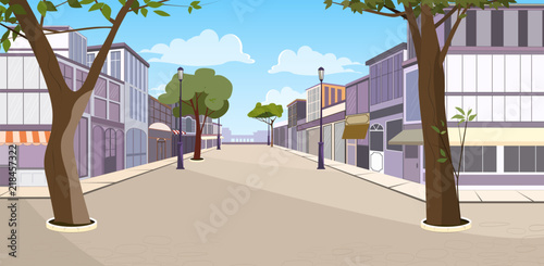Town street with buildings, trees and empty pavement vector illustration. Summer day and blue sky. Summer town street concept. For websites, wallpapers, posters or banners.