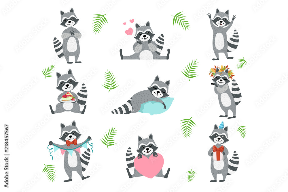 Naklejka premium Cute Raccoon Character In Different Situations Set