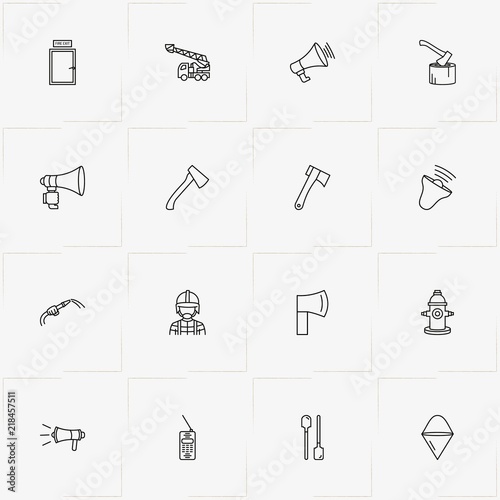 Firefighter line icon set with firefighter, fire shovel  and fireplug