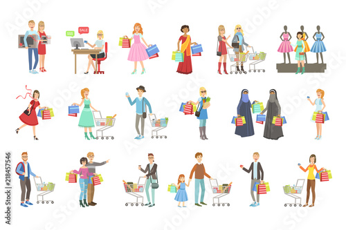 People Shopping For Clothes And Grocery Bright Color Cartoon Simple Style Flat Vector