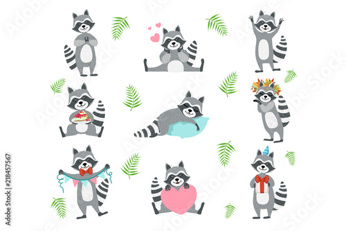 Cute Raccoon Character In Different Situations Set