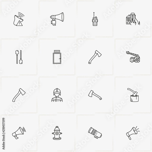 Firefighter line icon set with fireplug , firefighter and loudspeaker