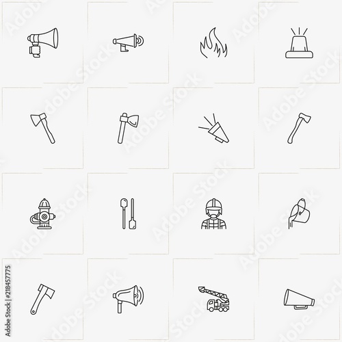Firefighter line icon set with bucket of water, hatchet and fireplug