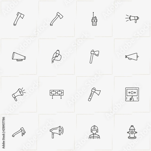 Firefighter line icon set with hatchet, fireplug  and loudspeaker