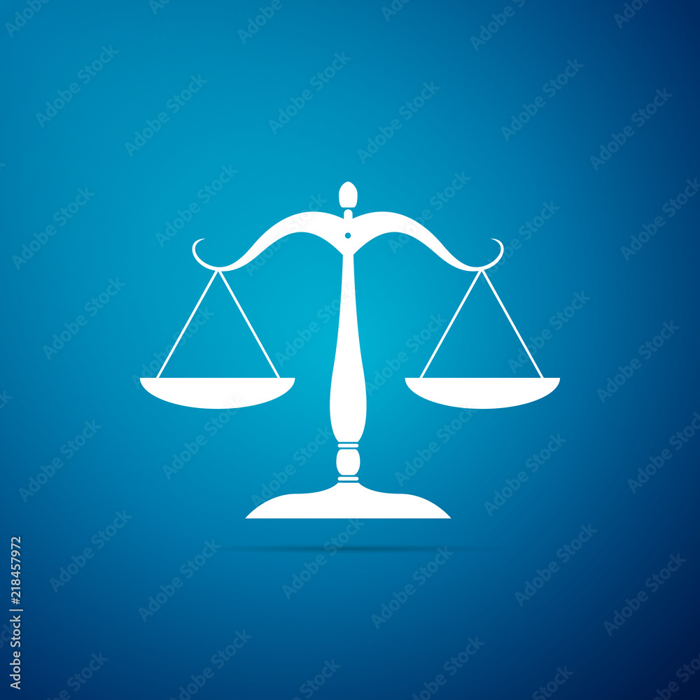 Scales of justice icon isolated on blue background. Court of law symbol. Balance scale sign. Flat design. Vector Illustration Scales of justice icon isolated on blue background. Court of law symbol. Balance scale sign. Flat design. Vector Illustration