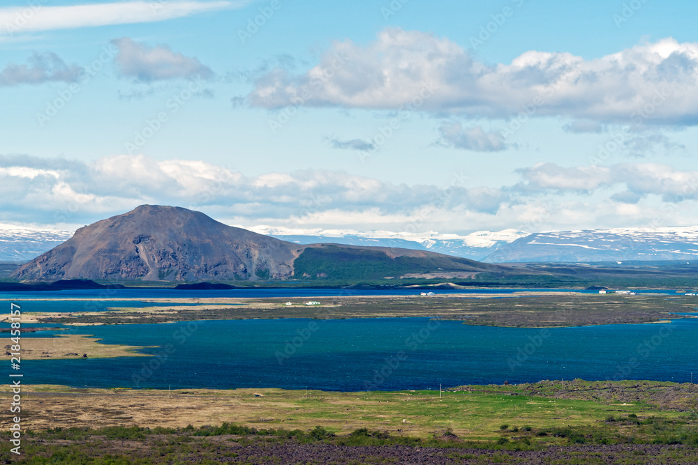 Panorama of Lake Myvatn - North Iceland. Lake Myvatn was formed by a large basaltic lava fissure eruption 2300 years ago.