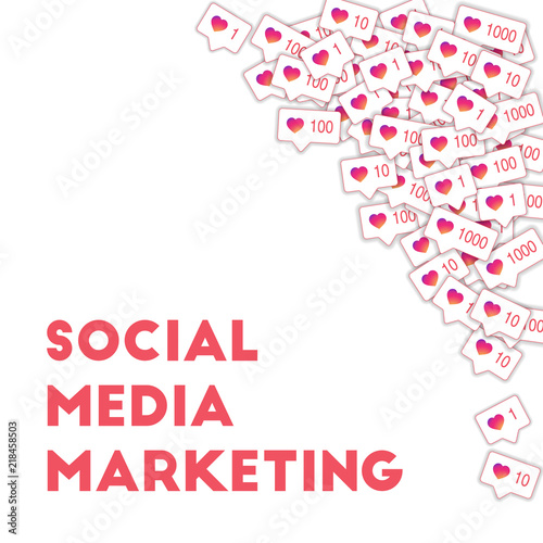 Social media icons. Social media marketing concept. Falling gradient like counter. Top right corner 